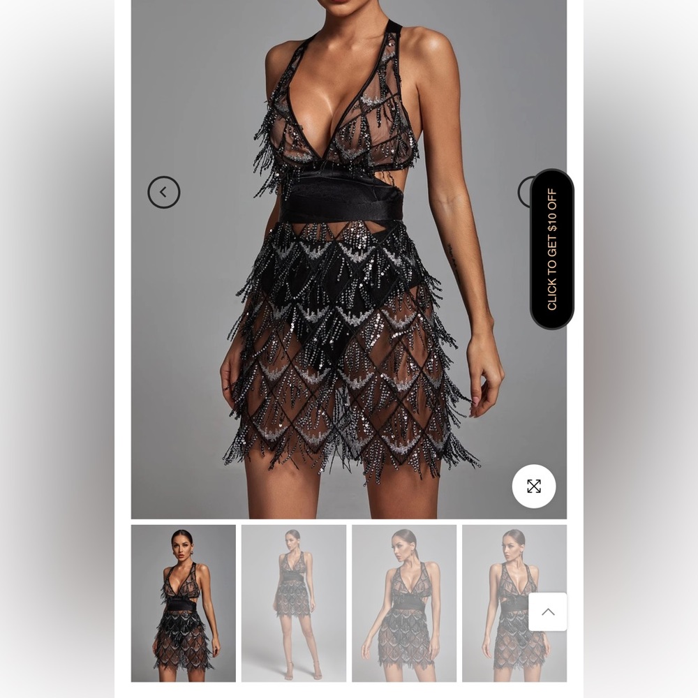 Black sheer dress with sequin fringe